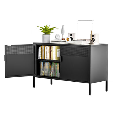 Ustamio Black Wide Metal Locker Storage Cabinet, 2 Door Metal Accent Cabinet for Home and Office, 2 Tier Low Metal Cabinet with Doors and Shelf, Multipurpose Metal Tv Stand Cabinet