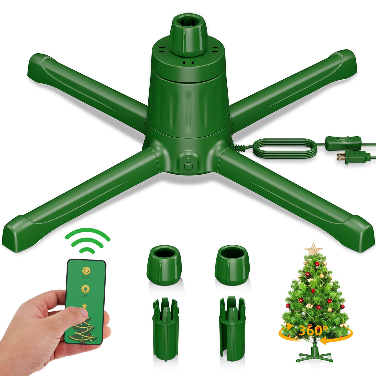 HOPOCO 2024 Upgrade Rotating Christmas Tree Stand for 6ft 7.5ft 9ft Artificial Tree, 4 Built-in Electric Outlets Xmas Tree Stand with Remote Control, 360 Degree Revolving Tree Base Holder HOPOCO