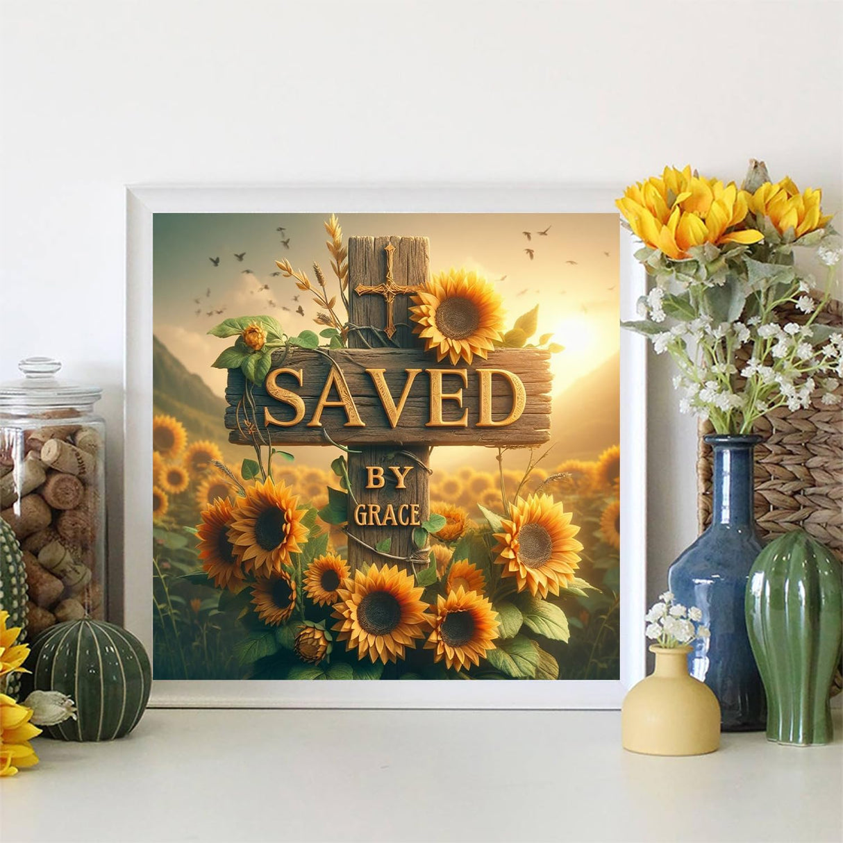 NWQZBYHT Cross 5D Diamond Painting Kits for Adults,Religious Cross with Sunflower Diamond Art Kits for Adults,Round Full Drill Gem Art for Beginner,Diamond Dots Craft Home Wall Decor 13.78x13.78 Inch NWQZBYHT