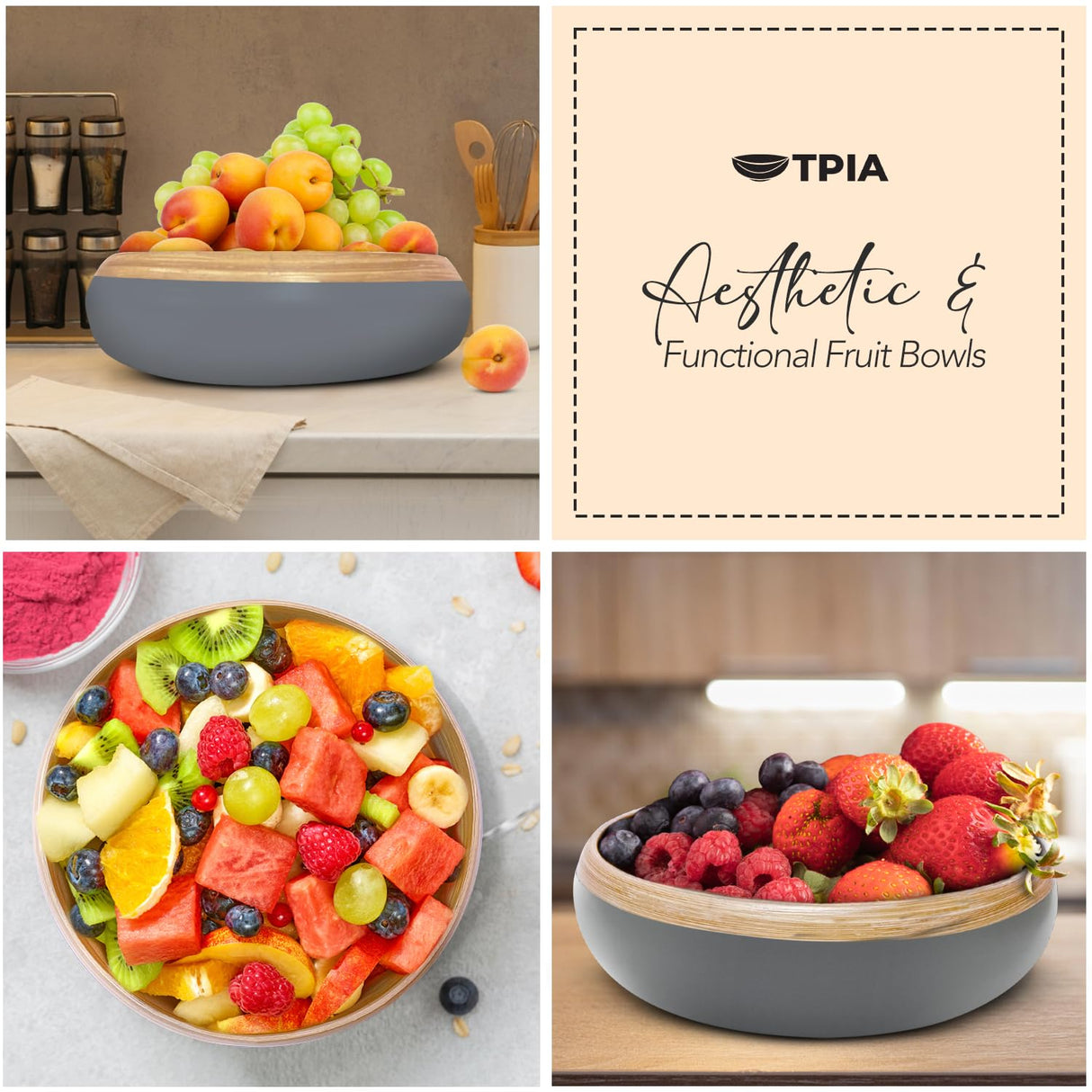 TPIA 11.81" Spun Bamboo Fruit Bowl, Bamboo fruit basket, fruit bowl for kitchen counter, Decorative Bowl,Fruit bowl,Wooden bowl,Decorative bamboo bowl,Bamboo salad bowl (Grey, Pack of 2) TPIA