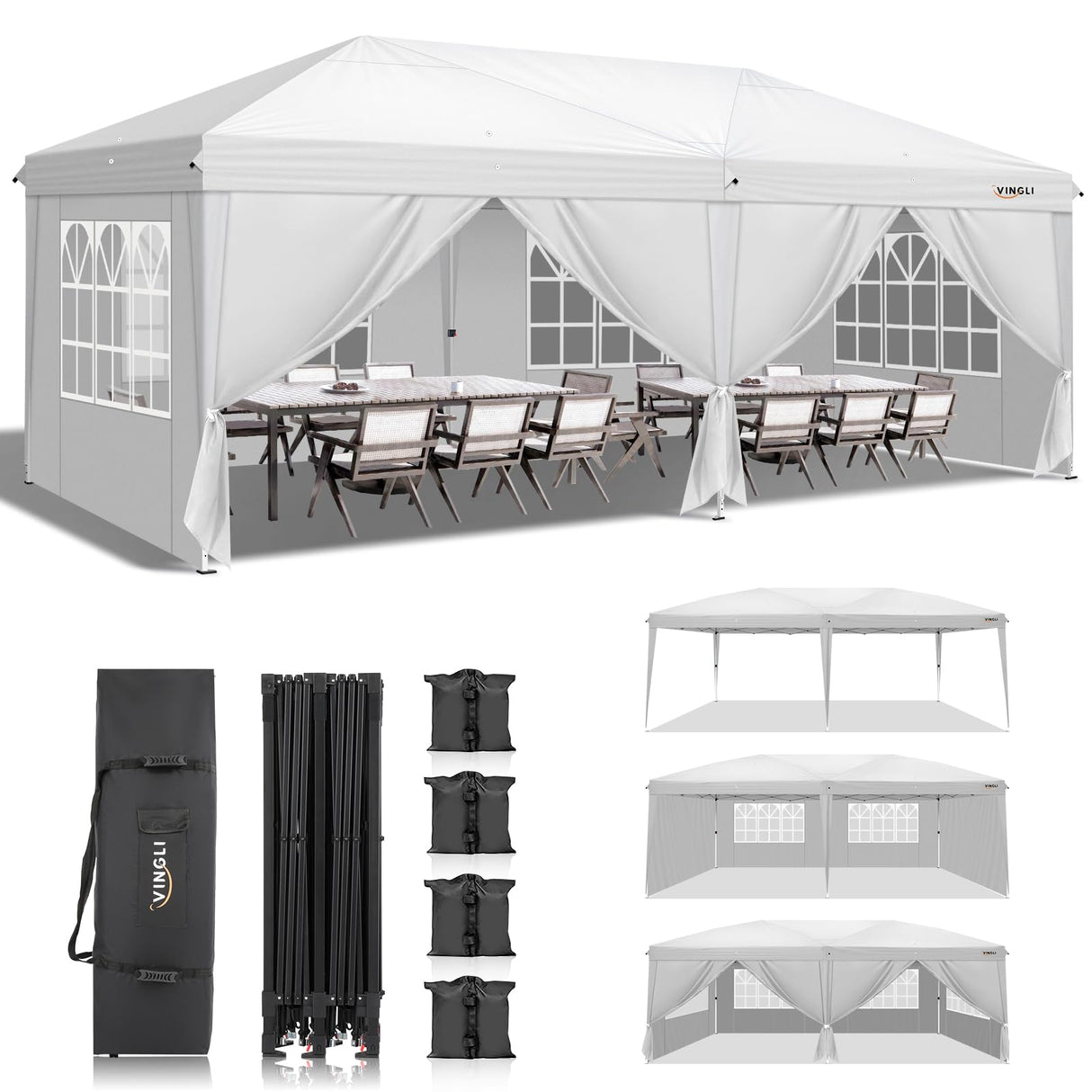 VINGLI 10x20 ft Pop Up Canopy Tent with 6 Sidewalls, Canopy 10x20 with Carry Bag, Outdoor Gazebo Canopy Tent Camping Tent, Patio Event Tent Outdoor Canopy Commercial Canopy(White) VINGLI