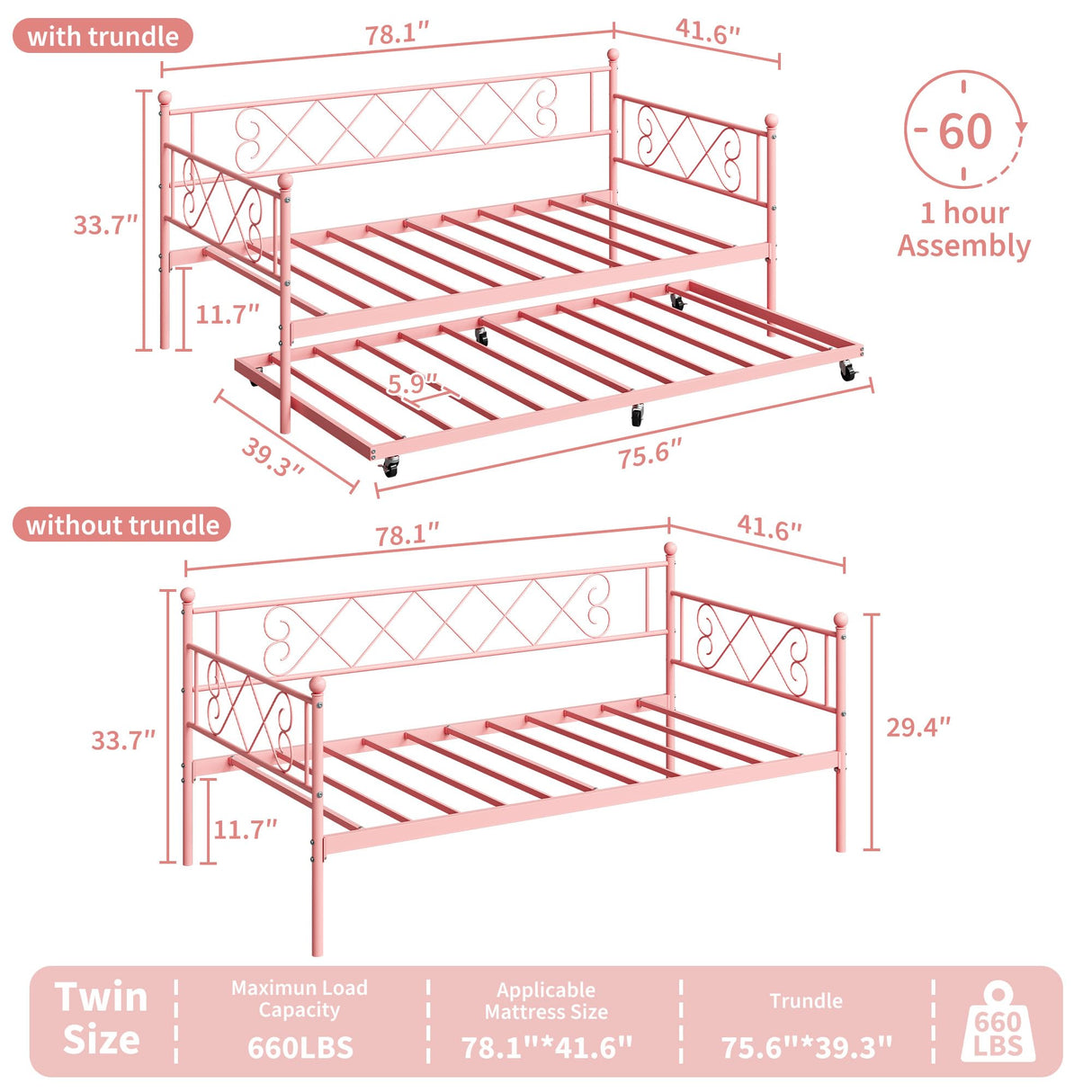 GarveeHome Twin Metal Daybed with Trundle, Premium Steel Slat Support, Space Saving Trundle Sofa Bed for Living Room, Bedroom and Guest Room, Pink GarveeHome