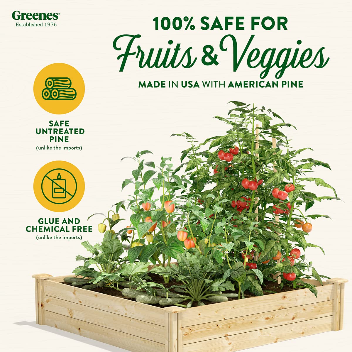 Greenes Fence Original Pine Raised Garden Bed, 4' x 4' x 10.5" - Made in USA with American Pine Greenes Fence