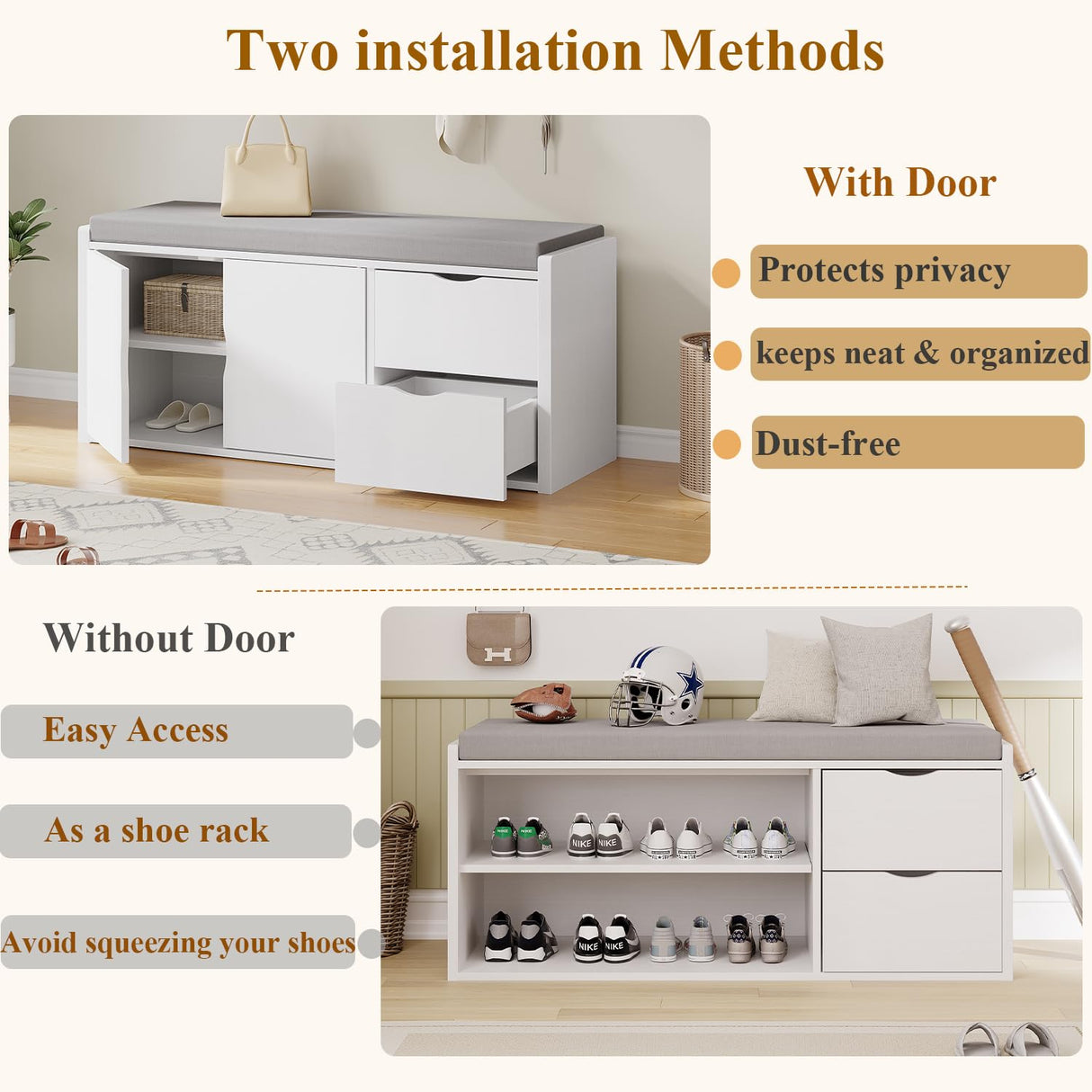 LVB Storage Entryway Bench, Long Shoe Bench with Drawers Storage Shelf, Modern Entry Way Bench with Padded Cushioned Seating, Wood Shoe Rack Bench for Foyer Entrance Living Bedroom, White Oak, 40in LVB