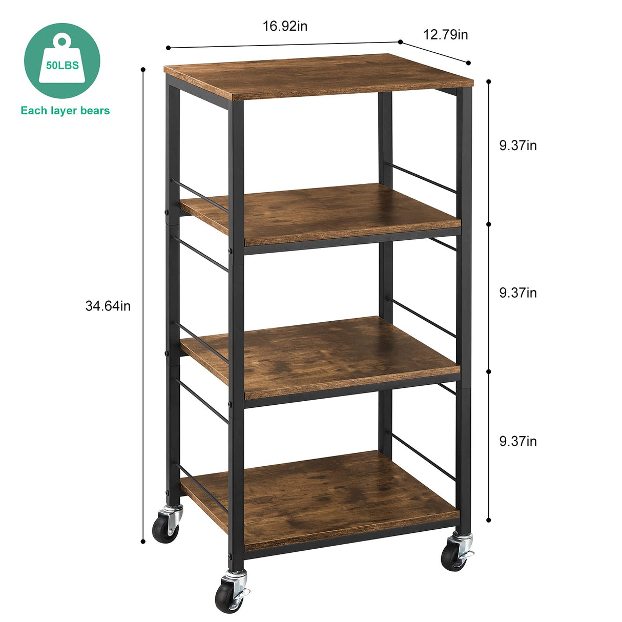 YBING Kitchen Island Cart Utility on Wheels Rolling Cart with Storage Organizer 4-Tier Farmhouse Serving Cart Stand with Wood Tabletop Shelf Units for Bathroom Office Industrial Brown YBING