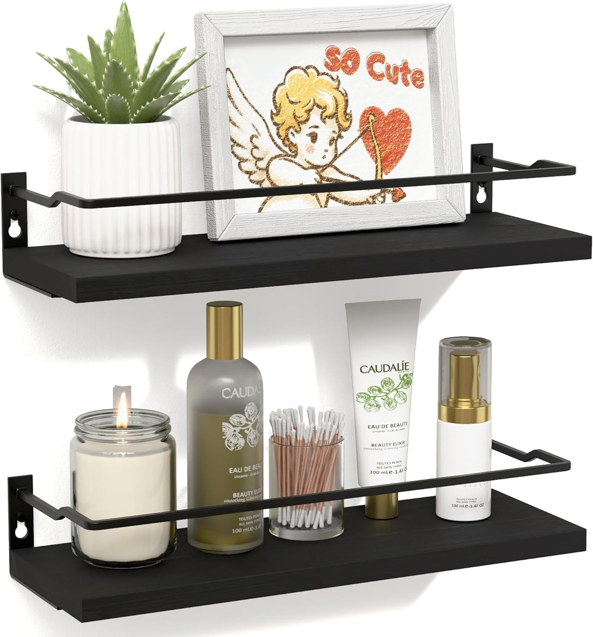 RICHER HOUSE Bathroom Shelves, Black Floating Wall Shelf Organizer Over Toilet Storage with 2 Shelves RICHER HOUSE