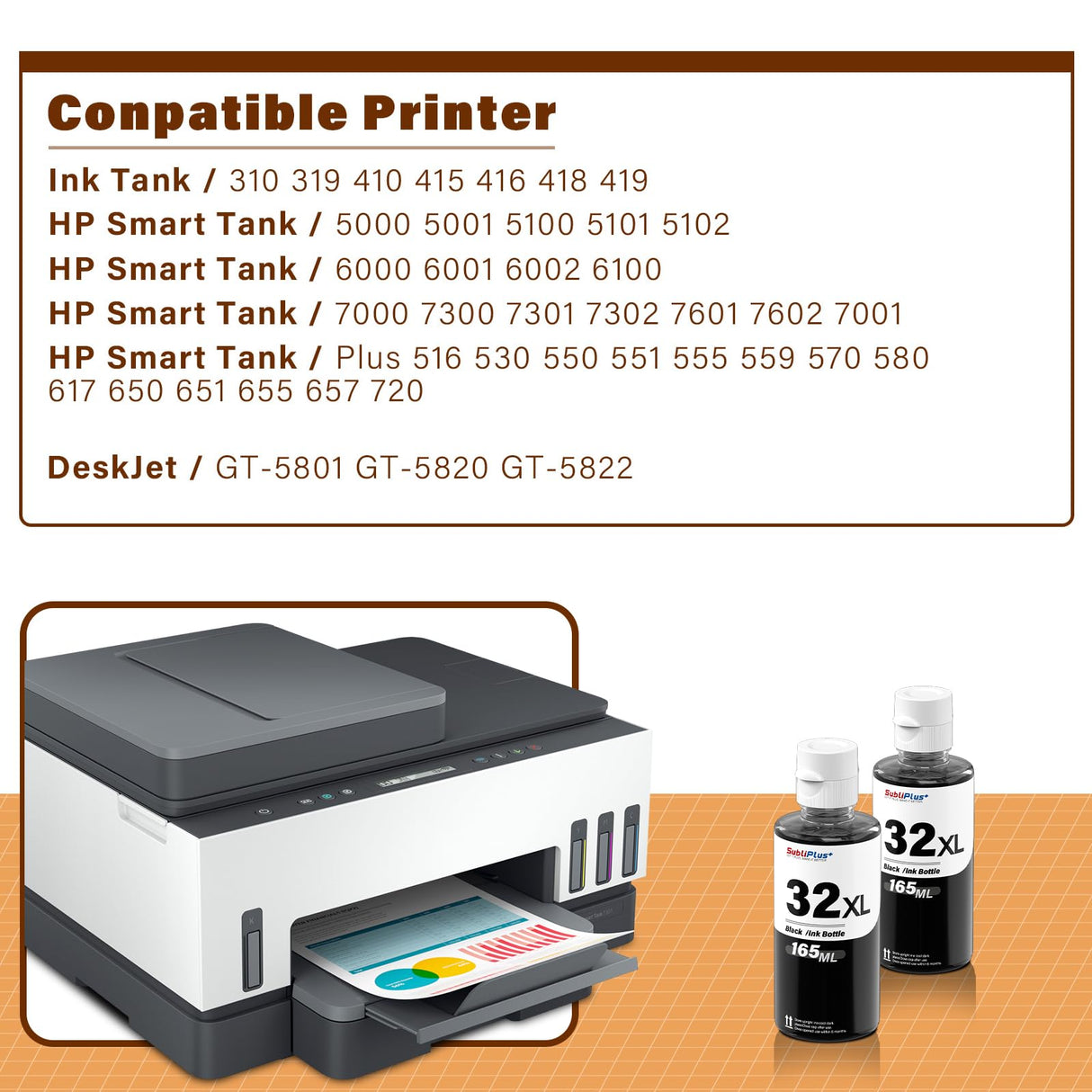 32XL Black Ink Bottles Compatible Replacement for HP Smart Tank Printer 6001 5101 7602 7301 5000 5102 757 7601 755 7601 755 Ink Refill, Smart Tank Plus 651 551 Ink Refill SubliPlus+