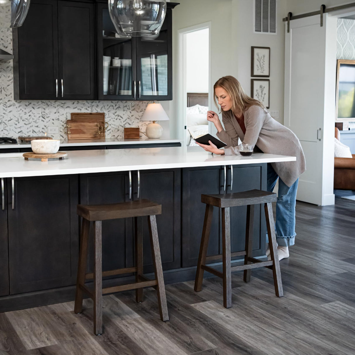 Maven Lane Vincent Counter Stool – 26 Inches – Rectangular Stool with Footrest – Brown Solid Wood – Space-Saving Design for Kitchen Counters & Islands Maven Lane