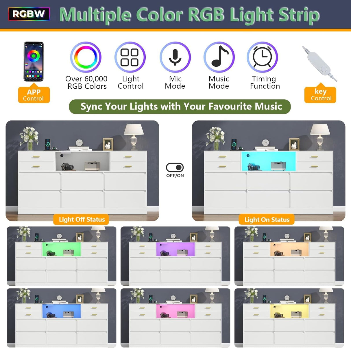 Loomie 10 Drawer White Dresser with Charging Station & Led Lights for Bedroom, 58" Long Triple Wide Dresser TV Stand for TVs up to 65", Large Dressers Organizer with Open Cubby, Wide Chest of Drawer Loomie