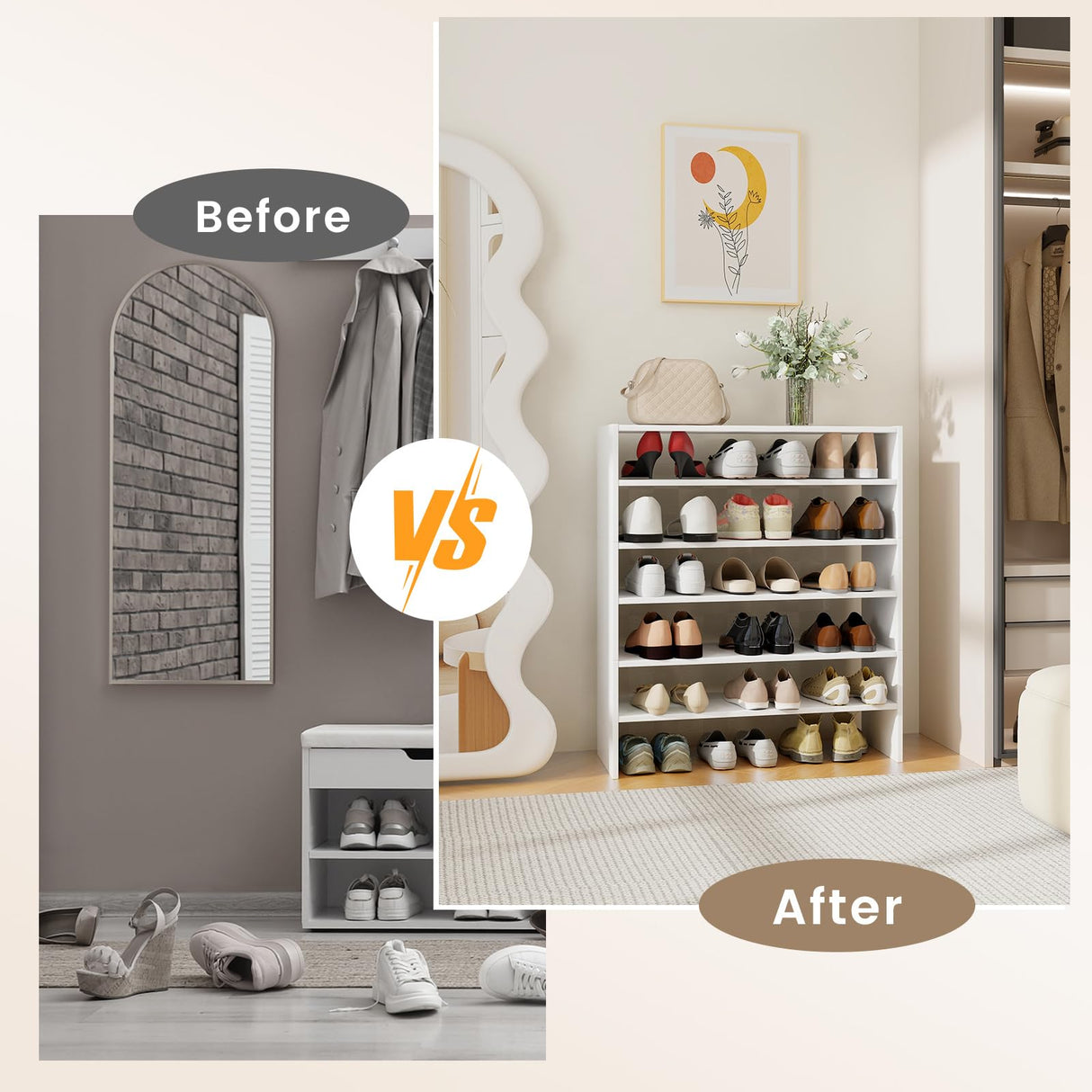 COSTWAY 6-Tier Shoe Rack, Extra Wide Shoe Shelf Organizer with Stackable Design, 31" Freestanding Storage Shoe Stand for Small Space Entryway Hallway Closet (White) COSTWAY