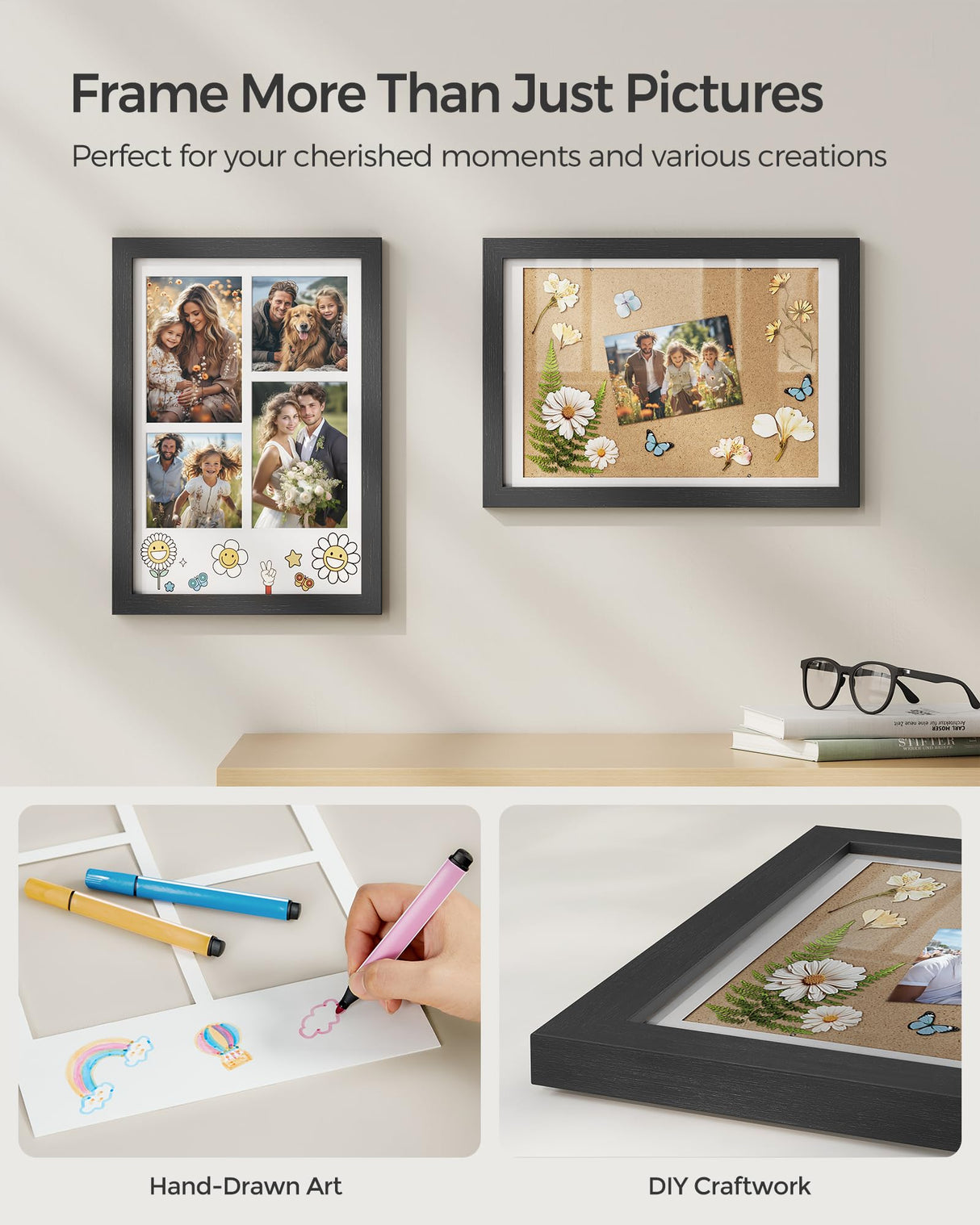 SONGMICS A4 Picture Frame Collage for Wall Decor, Set of 2, 4x6 Multi Photo Frame for Desk, 8x10, 8x12 or 4x4 Photos with 6 Mats, 9x12 Without Mat, Glass Front, 3 Non-Trace Nails, Ash Black SONGMICS