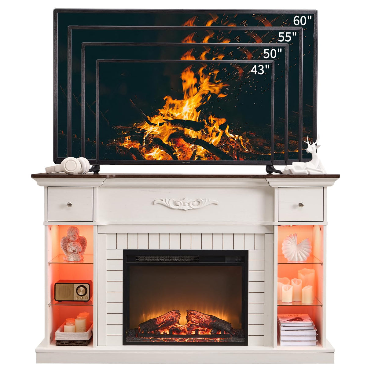 IFBUY 54" Farmhouse Electric Fireplace with Mantel, 33" Tall LED Fireplace TV Stand w/7 Lighting Colors, 23'' Freestanding Electric Fireplace Heater, Open Adjustable Shelves & Drawers, White IFBUY