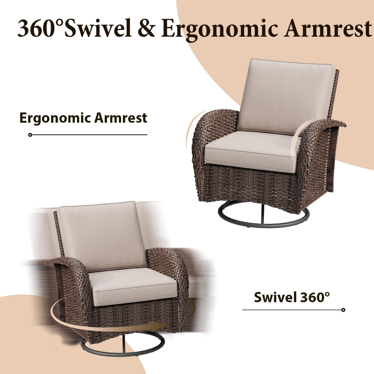 EROMMY Outdoor Swivel Chairs Set,8 Pieces Rattan Wicker Furniture Set,Patio Conversation Sets with Lovesat,3-Seat Sofa,2 Ottomans,Coffee Table and Side Table,for Porch Pool Yard Garden,Beige-8 Pcs EROMMY