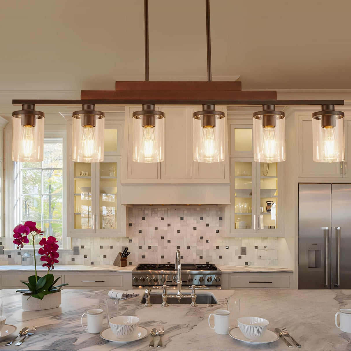 Farmhouse Chandelier 6-Light Dining Room Light Fixture Over Table Kitchen Island Lighting Rustic Chandeliers for Dining Light with Glass Shade Wood Pendant Lights Kitchen Island TWIG