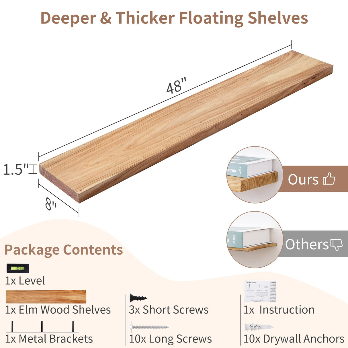 Axeman 48 Inch Fireplace Mantel Shelf - 8 Inch Deep Rustic Solid Elm Wood Floating Shelf, Wall Mounted Farmhouse Display Shelf with Invisible Heavy Duty Metal Bracket, Natural Axeman