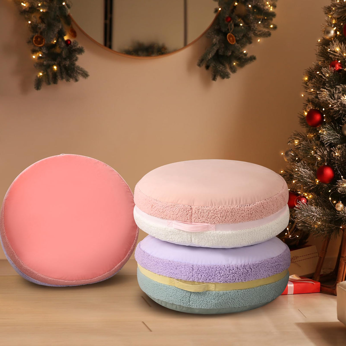 MOMCAYWEX Macaron Bean Bag Chair for Kids and Teens, Medium Bean Bag Sofa with Memory Foam Filling, 27.5"×27.5"×13.5", Pink and White MOMCAYWEX