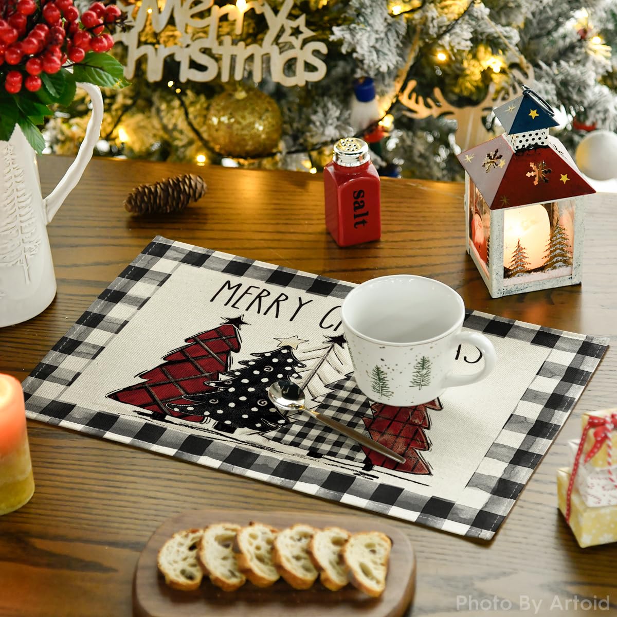 Artoid Mode Waterclor Buffalo Plaid Christmas Trees Placemats Set of 4, 12x18 Inch Winter Table Mats for Outdoor Home Party Kitchen Dining Decor Artoid Mode