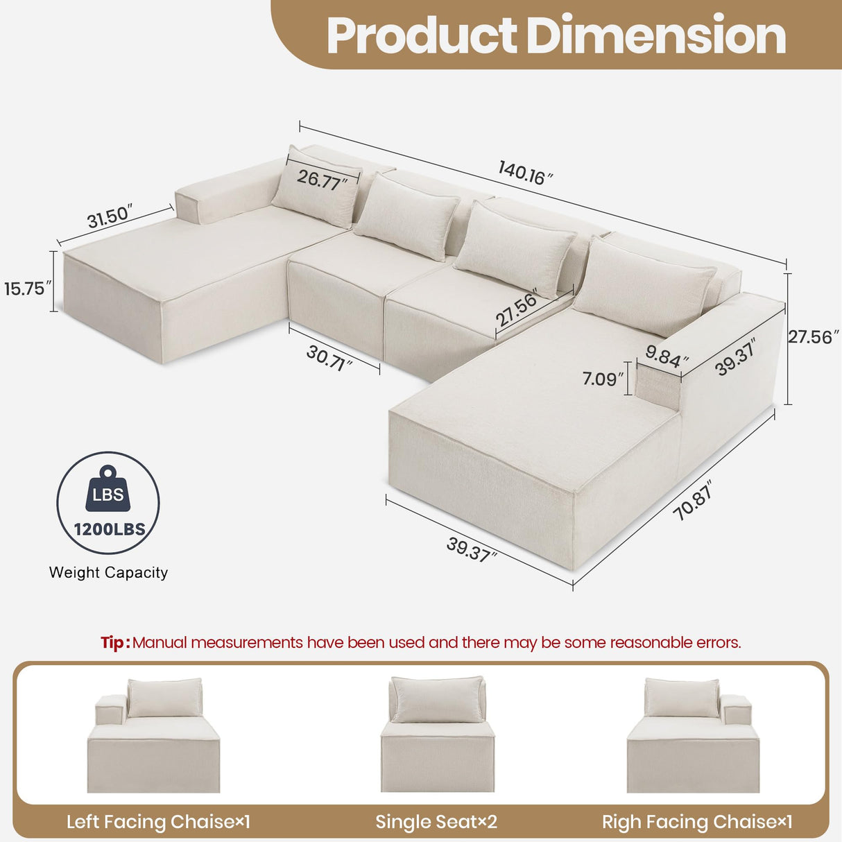 VIKAYAMICS 140" Modular Sectional Sofa, U-Shape Cloud Sectional Couch with Ottoman, Upholstered Chenille Boneless Couch Sofa Set for Living Room Bedroom No Assembly Required (Classic Beige) VIKAYAMICS