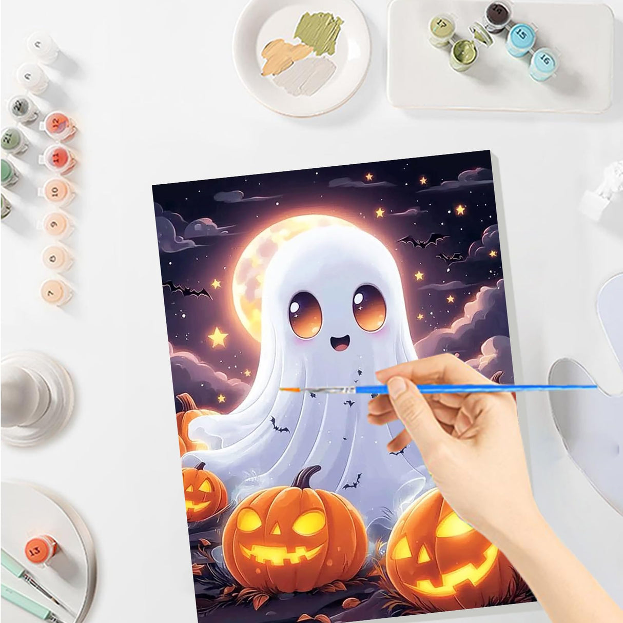 SENQAO Halloween Paint by Numbers for Adults Beginners Framed, Ghost Pumpkin Adults' Paint-by-Number Kits, Adult Paint by Number Kits on Canvas, Acrylic Number Painting for Home Decor, 8x12in SENQAO