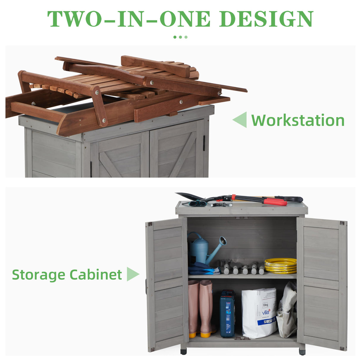 Outdoor Potting Bench with Storage Cabinet and Metal Top, Wood Workstation for Outdoor Patio, Garden Wood-Natrl
