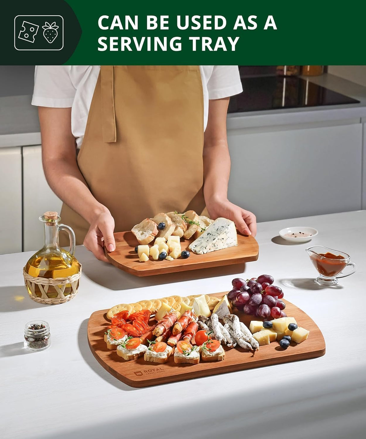 Wooden Cutting Boards for Kitchen Meal Prep & Serving - Bamboo Wood Cutting Board Set - Charcuterie & Chopping Butcher Block for Meat - Kitchen Gadgets Gift ROYAL CRAFT WOOD