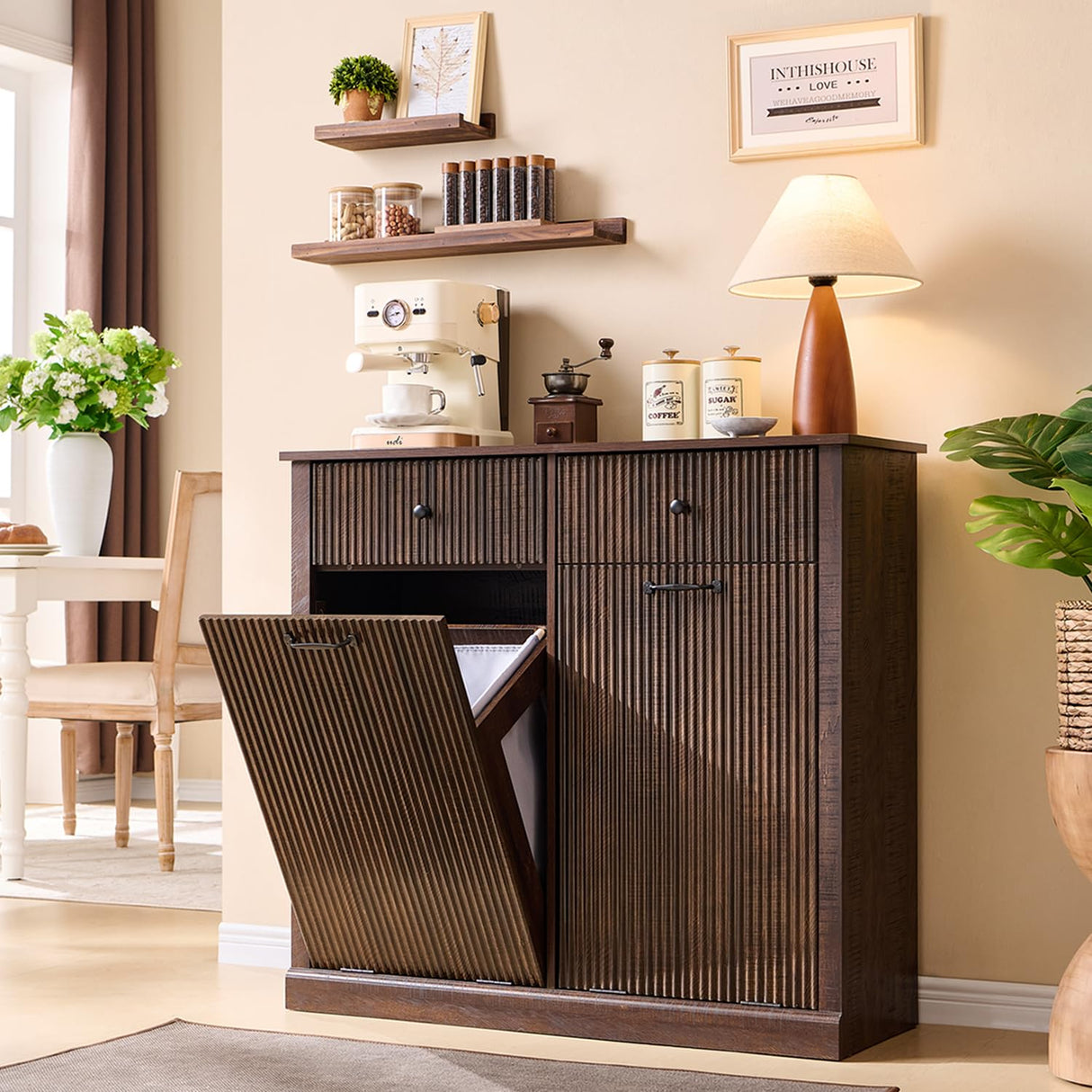 IFBUY Modern Double Tilt-Out Laundry Hamper Cabinet, 20 Gallon Fluted Trash Can Cabinet w/2 Drawers, Wooden Hidden Garbage Can Cabinet w/Laundry Basket, Free Standing for Bathroom and Kitchen, Brown IFBUY