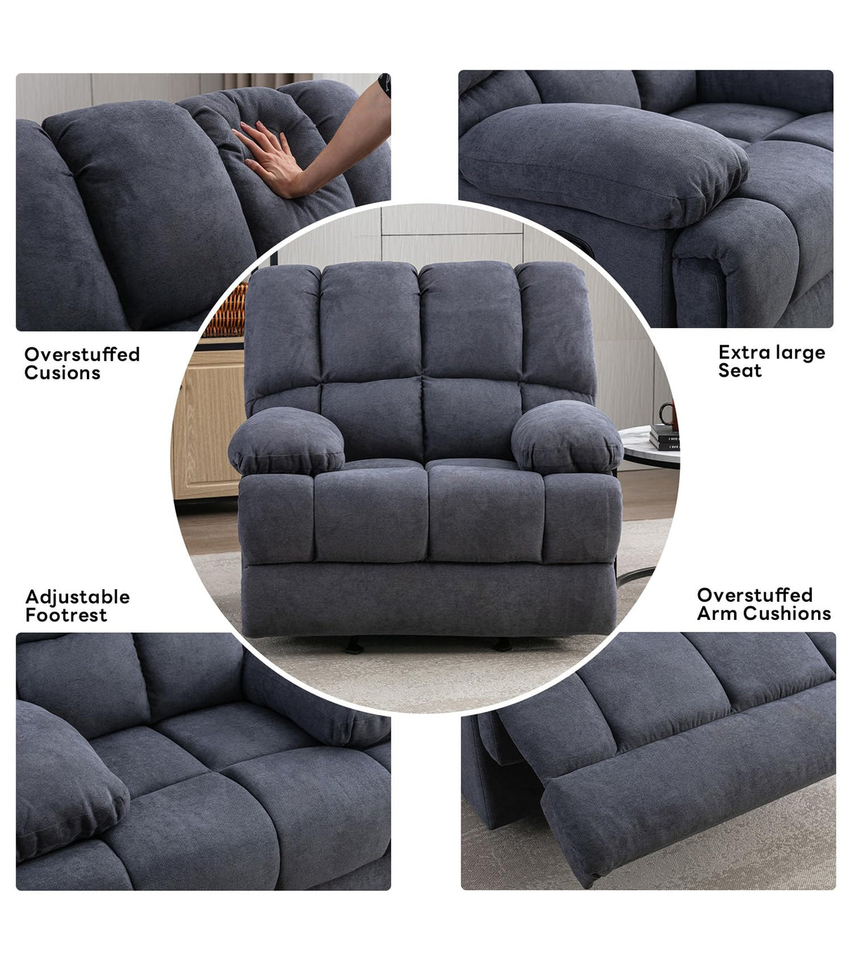 WILLOVE Oversized Rocker Recliner Chair Rocking Recliners Overstuffed Soft Big Man Manual Recliner Extra Large Living Room Chair 350 LBS Capacity, Grey, XL WILLOVE