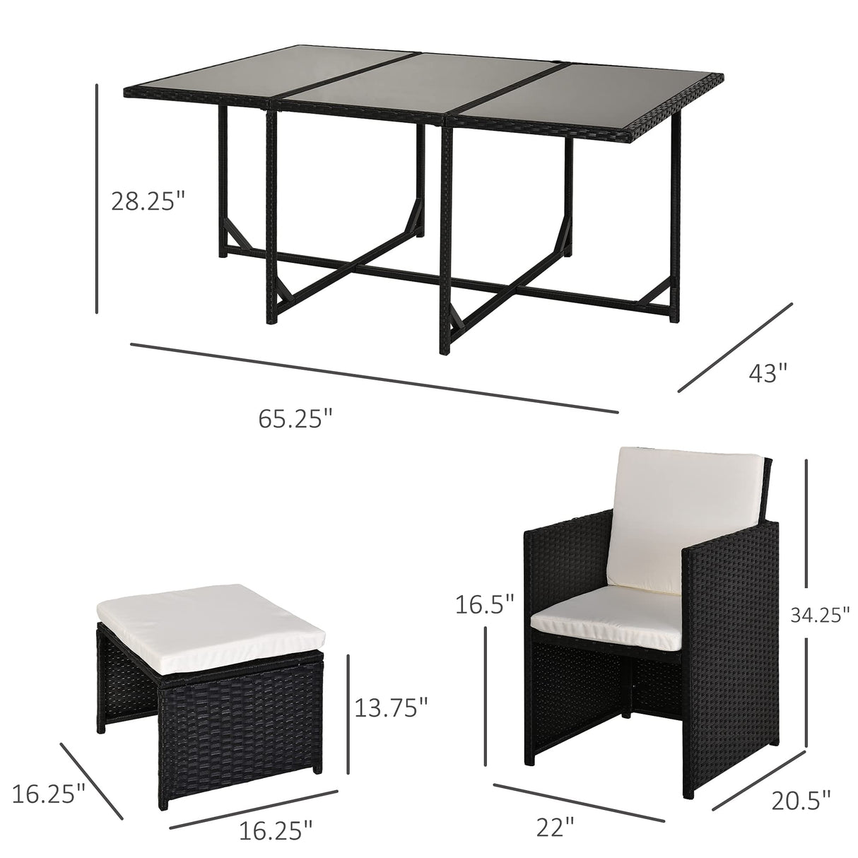 Outsunny 11 Pieces Patio Wicker Dining Sets, Space Saving Outdoor Sectional Conversation Set, with Dining Table, Ottoman and Chair & Cushioned for Lawn Garden Backyard, Cream White Outsunny