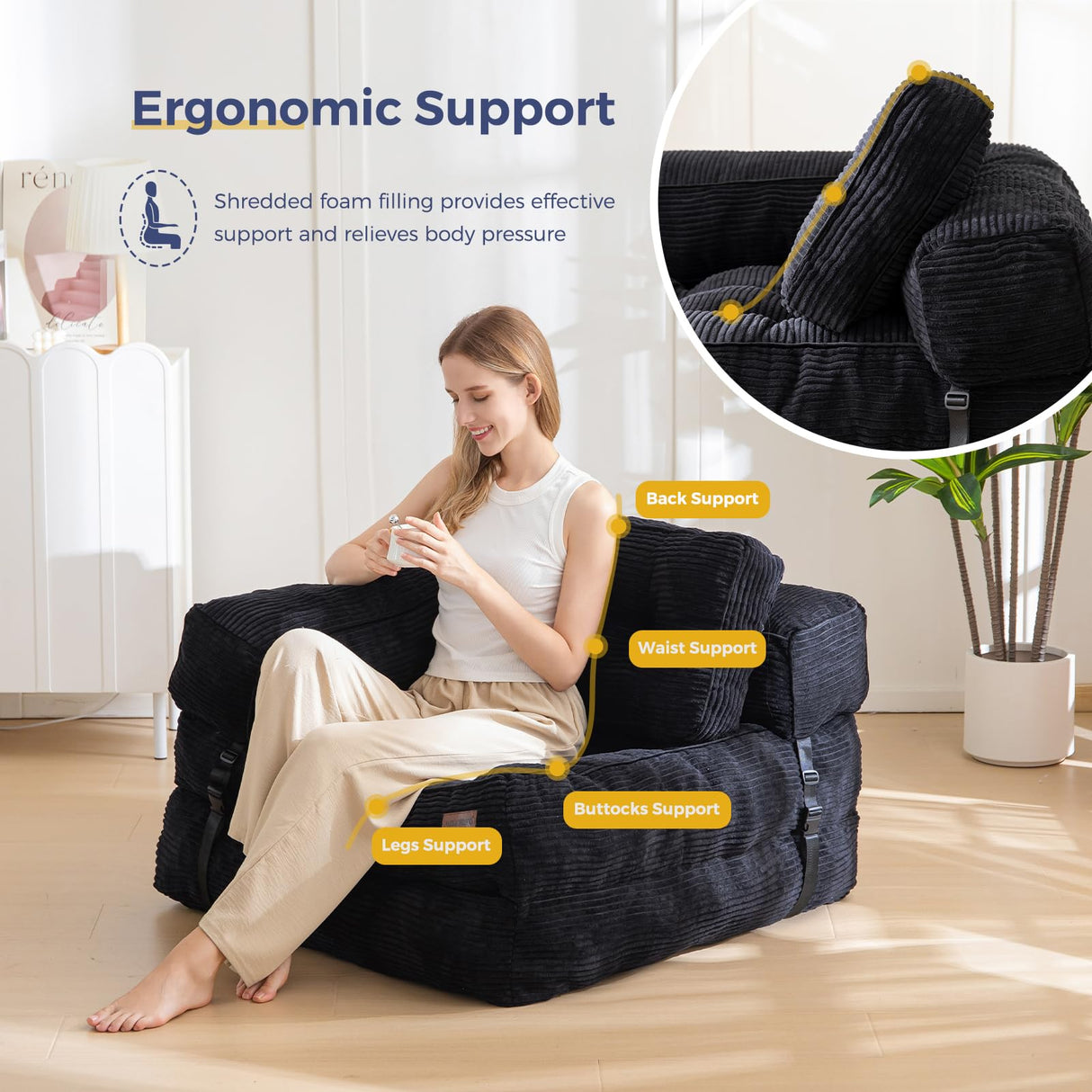 MAXYOYO Folding Sofa Bed, L-Shaped Convertible Sofa with Armrest Foldable Sleeper Bed with Pillow, Comfy Floor Lounge for Living Room Bedroom, Black MAXYOYO