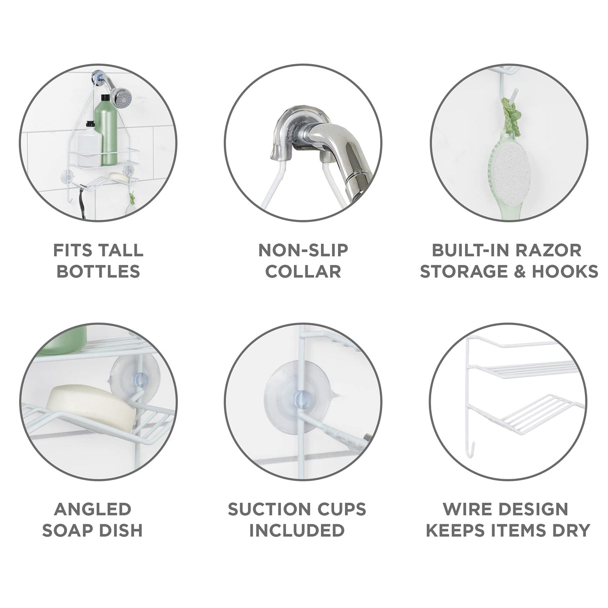 Zenna Home Rust Resistant Hanging Shower Caddy, Over the Shower Head Caddy with 1 Wide Shelf and Built In Soap Dish, Steel Bathroom Hanging Organizer, White Zenna Home