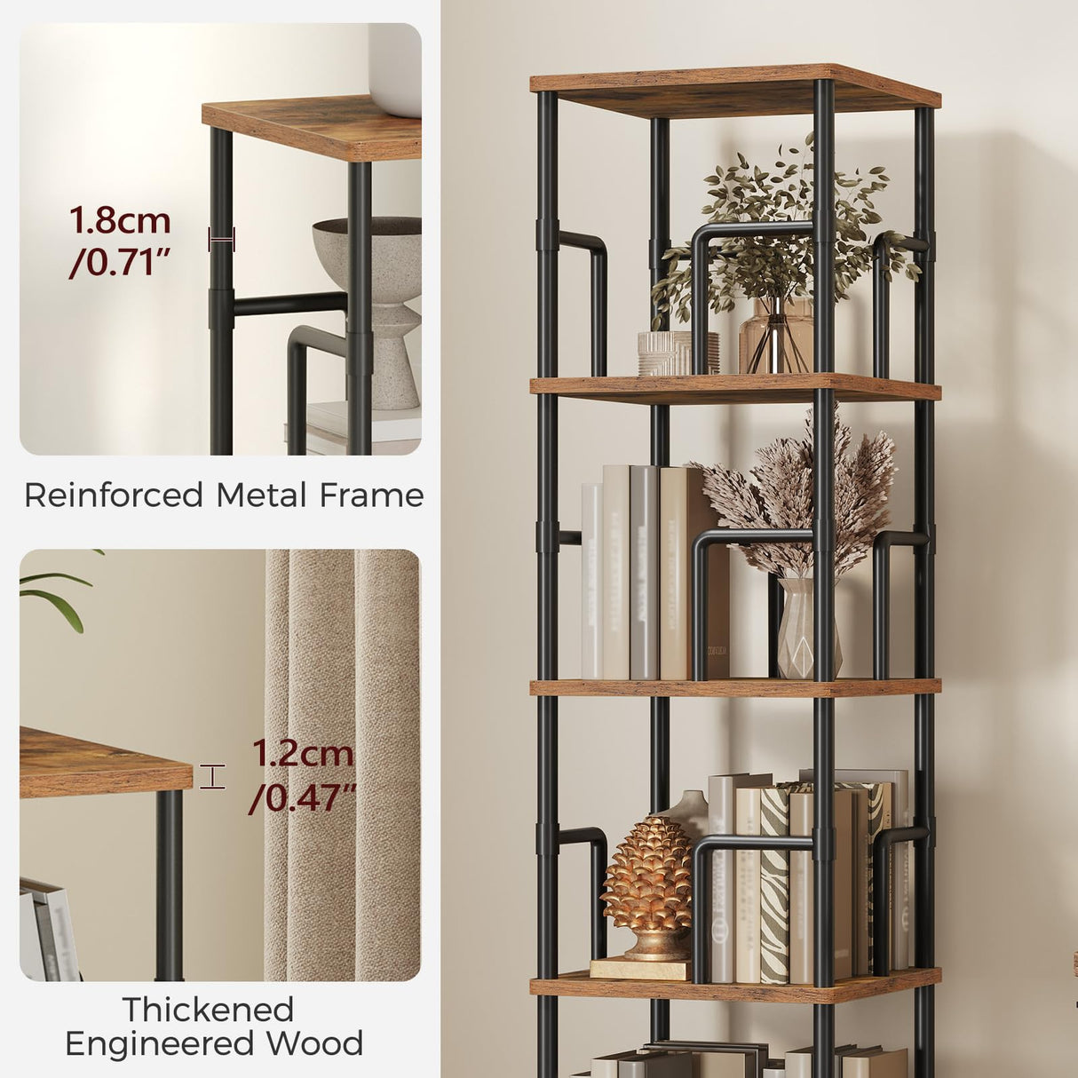 MAHANCRIS 5-Tier Rotating Bookshelf, Freestanding Corner Bookshelf, 360° Spinning Bookcase, Industrial Style Storage Rack with Rails, for Living Room, Bedroom, Study, Rustic Brown and Black BKHR1601 MAHANCRIS