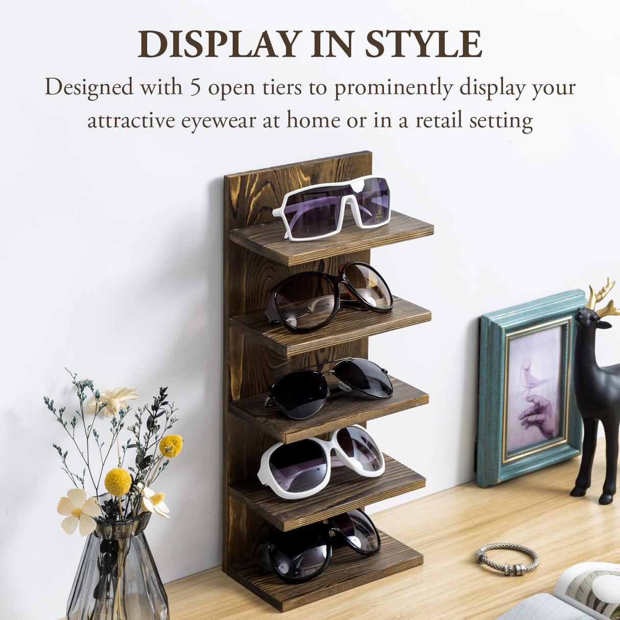 MyGift 5 Tier Rustic Burnt Solid Wood Sunglasses Holder Rack, Wall Mounted Eye Glasses Shelf or Tabletop Display Stand, Retail Eyewear Showcase Storage Organizer MyGift