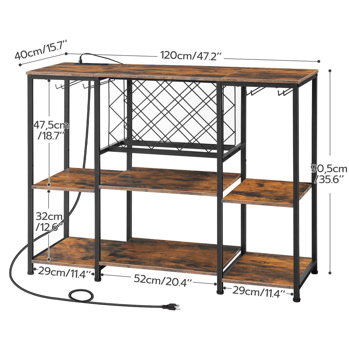 HOOBRO Wine Bar Cabinet with LED Light and Power Outlets, Wine Rack Table for Drinks and Glasses, Coffee Bar Cabinet with Wine Rack, for Kitchen, Dining Room, Rustic Brown and Black BF12UDJJ01 HOOBRO