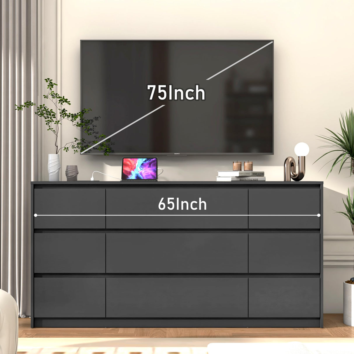 Black Dresser for Bedroom, 63 Inch Long 9 Drawers Dresser with Charging Station, Modern Large Wood Chest of Drawers Handle Free for Bedroom, Living Room, Entryway, Hallway, Black jiteentarou