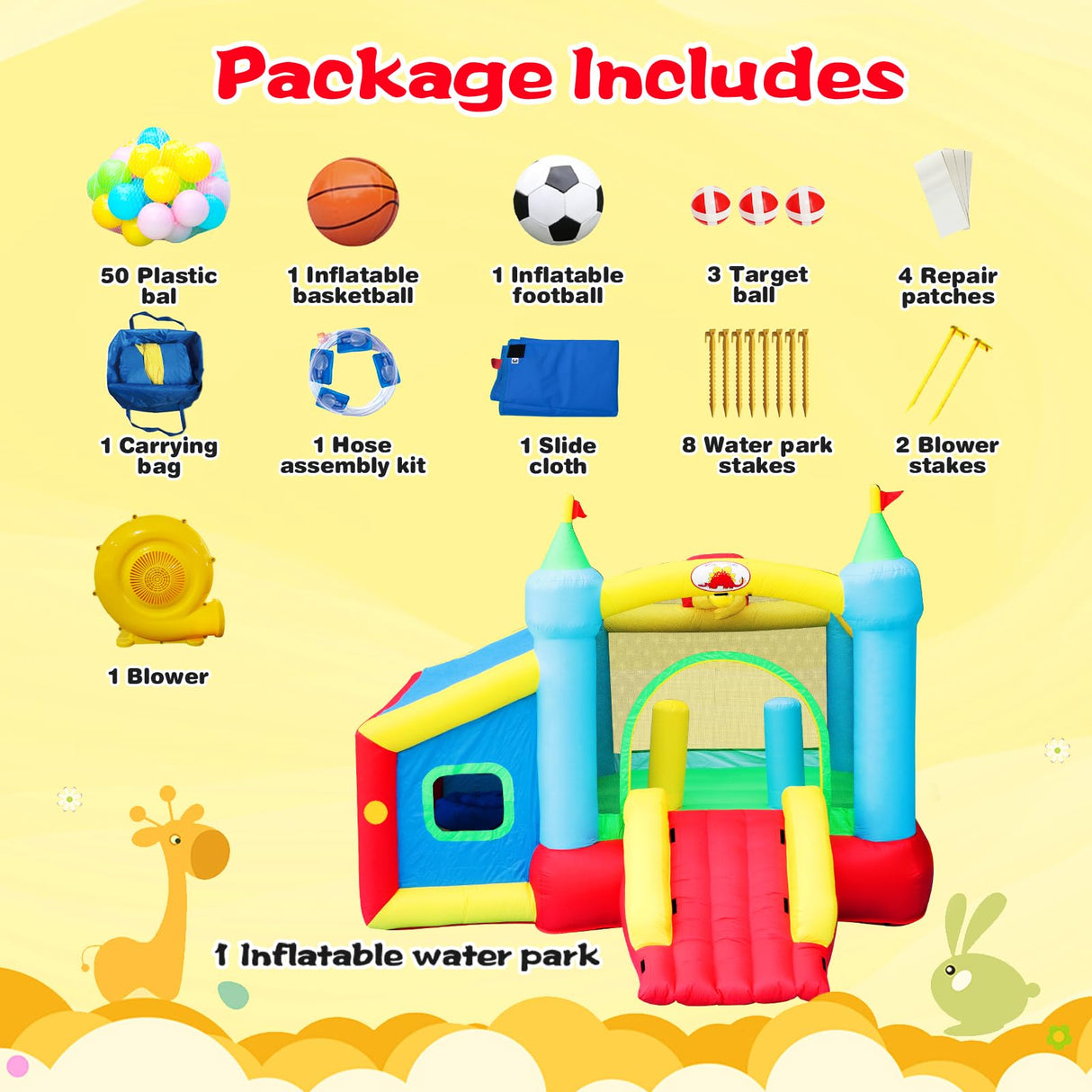 WELLFUNTIME Inflatable Bounce House and Extended Long Water Slide, Jumping Castle Slide with Blower, Kids Bouncer with Ball Pit, Dart Target Game WELLFUNTIME
