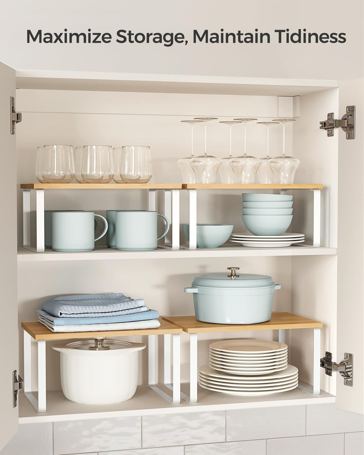 SONGMICS Cabinet Organizer Shelf, Set of 2 Kitchen Counter Shelves, Kitchen Storage, Spice Rack, Stackable, Expandable, Metal and Engineered Wood, Cloud White and Natural Beige UKCS02NW SONGMICS