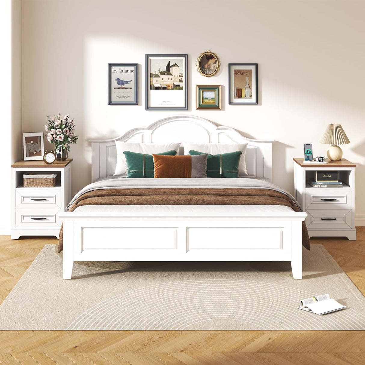 Curlaky Farmhouse Nightstand with Charging Station, Wood Night Stand with Drawers, Bedside Table, Nightstands with Open Storage Shelf, Rustic Night Stands for Bedroom, Closet, 18" Wide, 24" Tall Curlaky