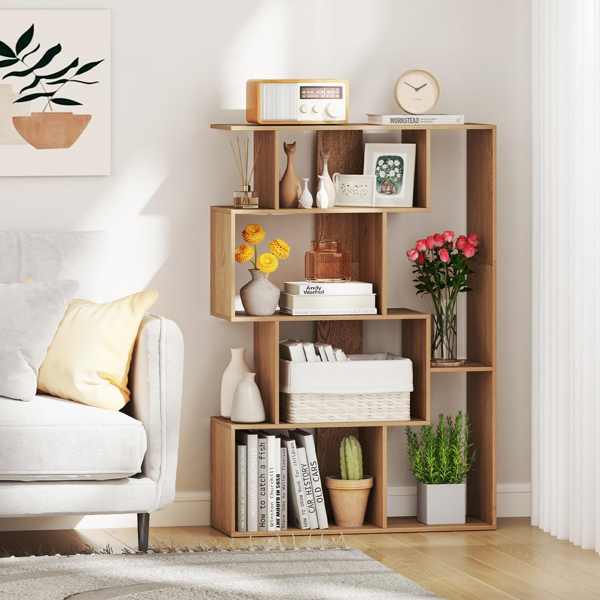 Nightcore 5-Tier Geometric Bookshelf, 47” Tall Modern S-Shaped Bookcase with 6 Storage Cubes, Freestanding Storage Organizer Display Rack for Living Room, Bedroom, Home Office (Natural) WoodArtSupply