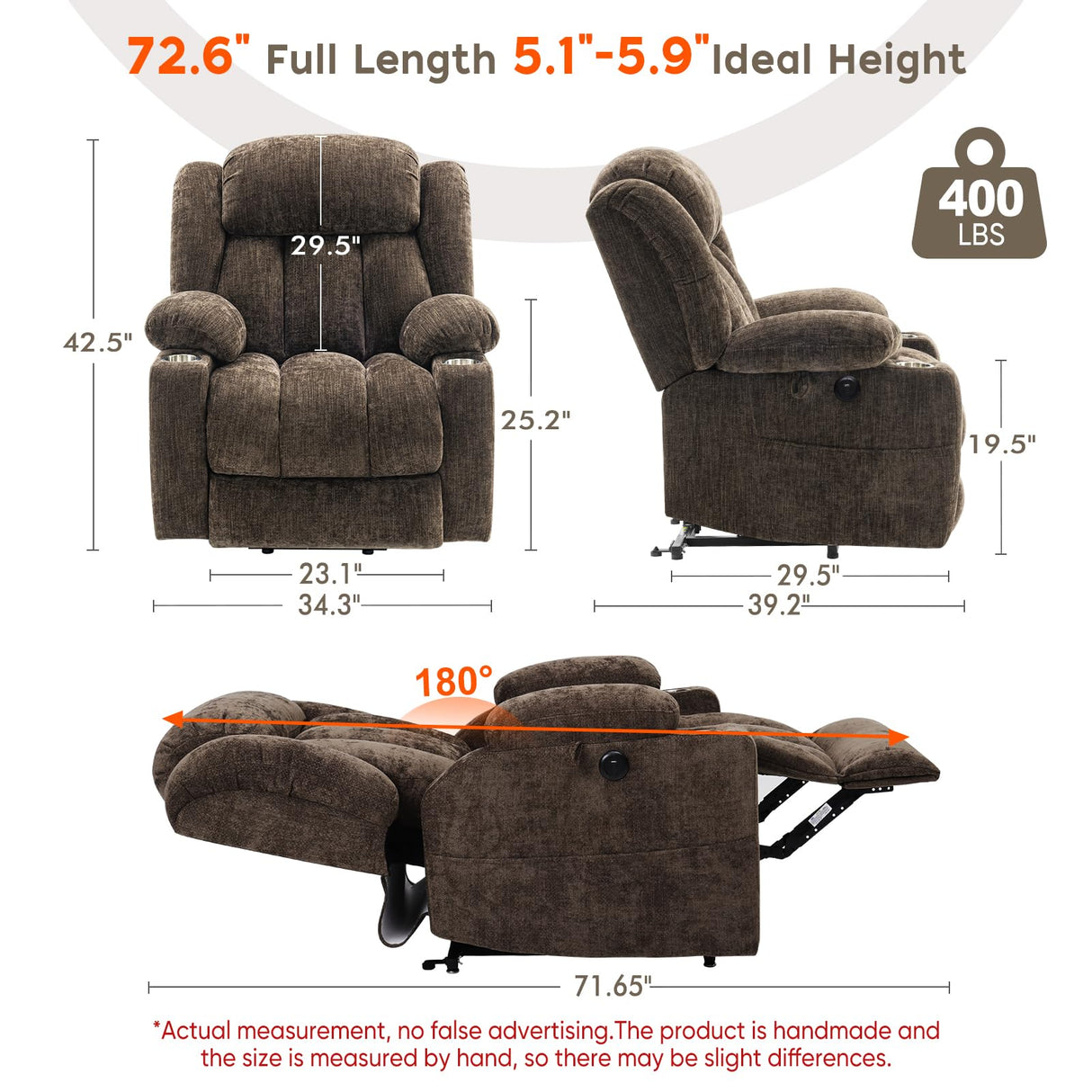 ABCASA Large Dual Motor Lay Flat Power Lift Recliners Chair for Elderly with Heat & Massage, Comfortable Chenille Recliner, USB-A & C, Cup Holder, Side Pocket, Brown ABCASA
