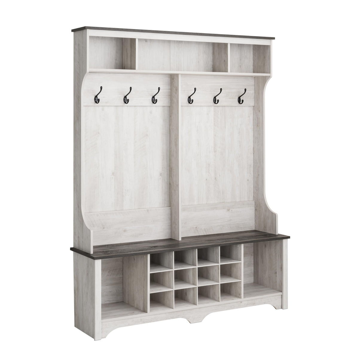 Prepac Farmhouse Washed White Hall Tree, Shoe Cabinet, Storage Cabinet with 12 Shoe Cubbies, 2 Boot Cubbies and 6 Double Coat Hooks 15.5" D x 60" W x 77" H Prepac