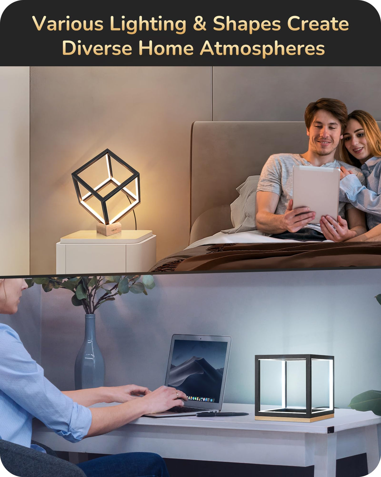 EDISHINE Modern LED Table Lamp, Minimalist Bedside Lamp with Solid Wood Base, 3 Way Dimmable, 3000K/4500K/6000K, 470LM, Black Gold Square Geometric Nightstand Lamp for Living Room, Bedroom, Office EDISHINE