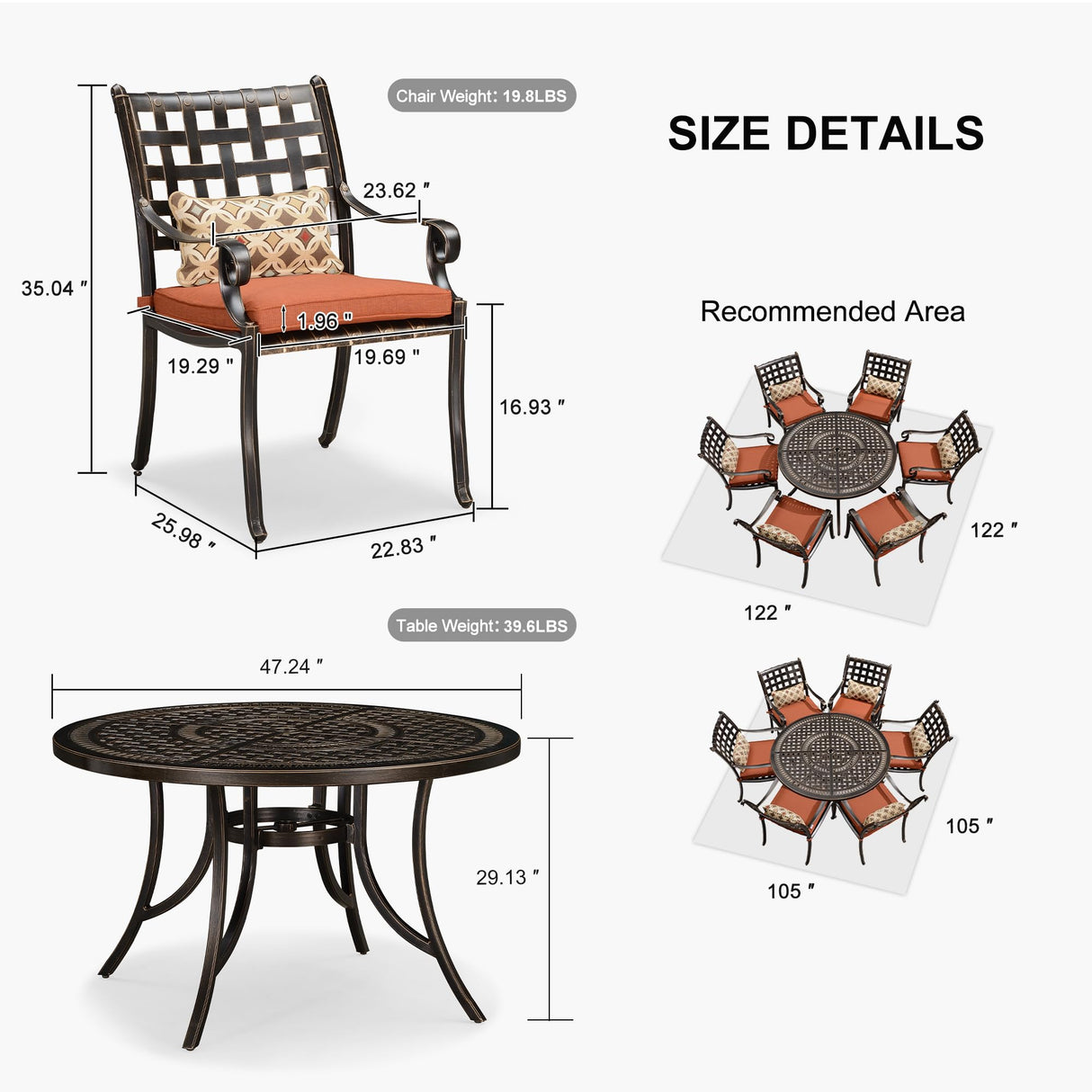 PURPLE LEAF 7 Pieces Outdoor Dining Set Cast Aluminum with 6 Armchairs and 47" Round Table, Cushion and Pillow Included, for Lawn Yard Garden Patio Dining Sets, Brick Red PURPLE LEAF
