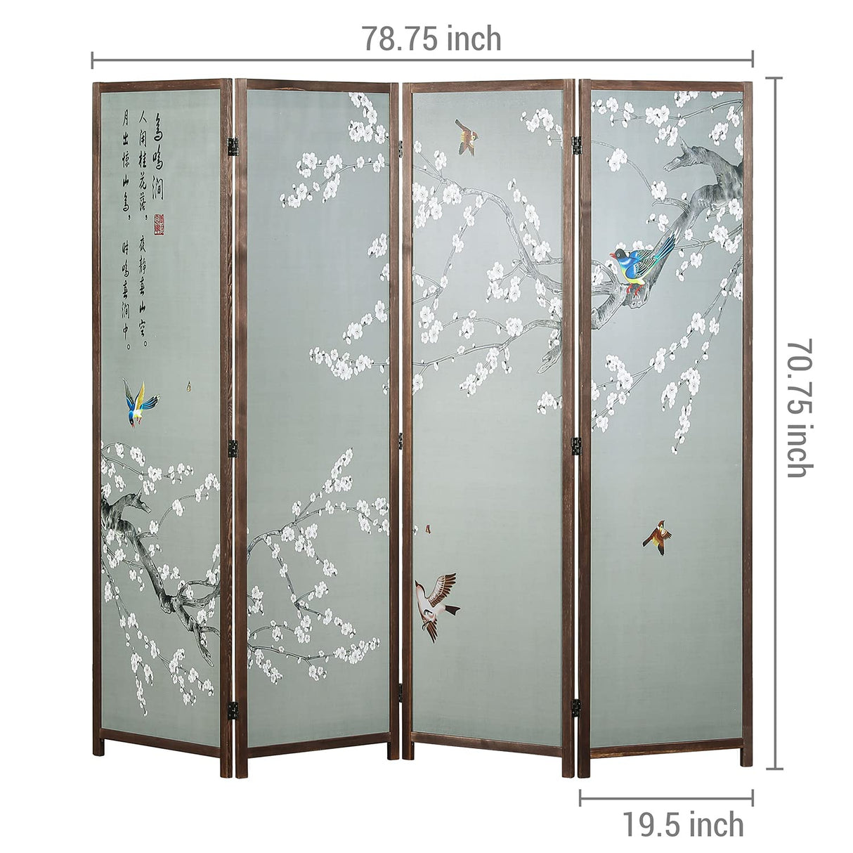 MyGift 4-Panel Asian-Inspired Folding Room Divider with Cherry Blossom Tree & Bird Design Poetry Calligraphy and Brown Wooden Frame MyGift