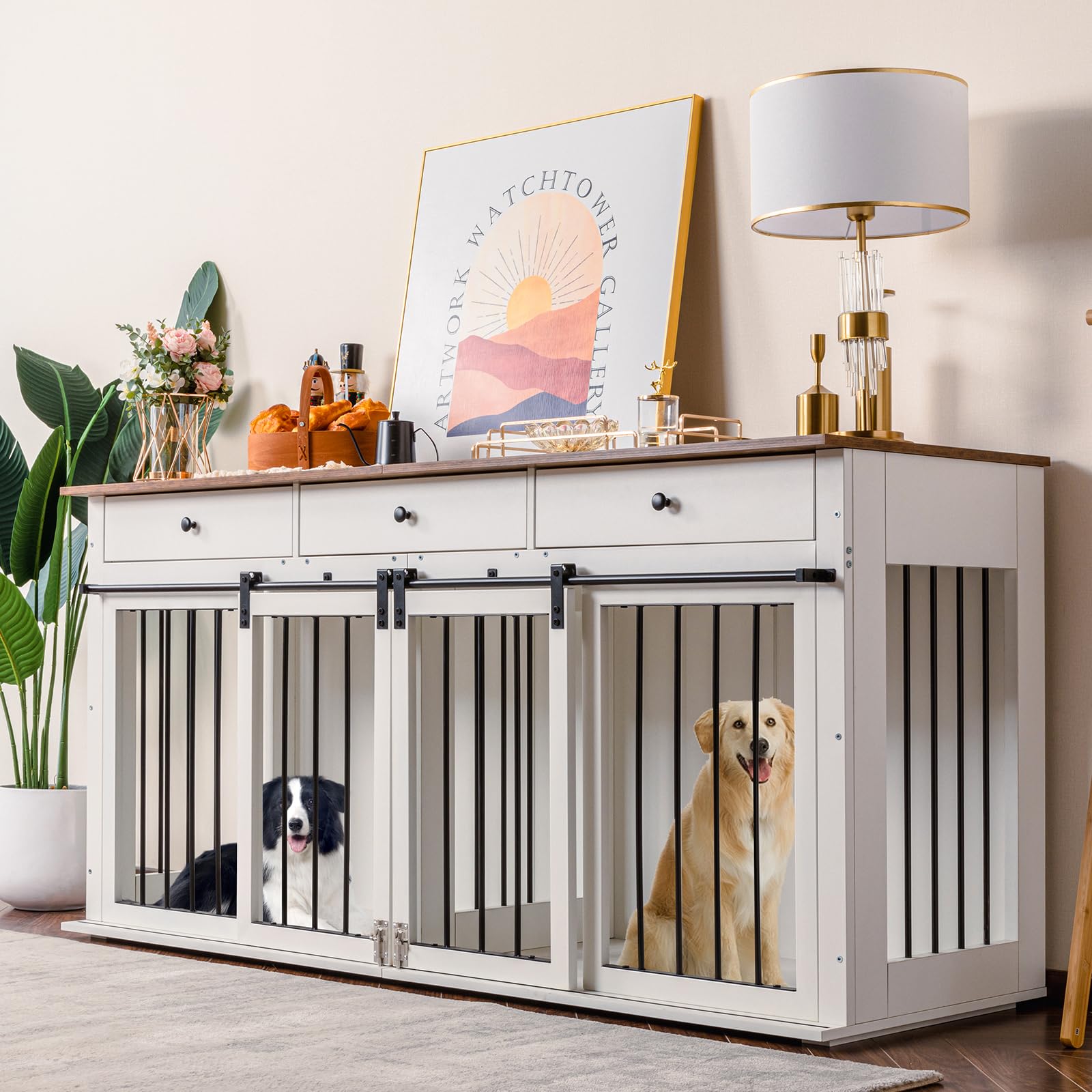 Sunseen Dog Crate Furniture Large Breed Wooden Dog Kennel with Room Divider 3 Drawer Double Doors Heavy Duty Dog Crate End Table Indoor TV Stand for Small Medium Large Dog 72 W 24 D 35 H White WoodArt...