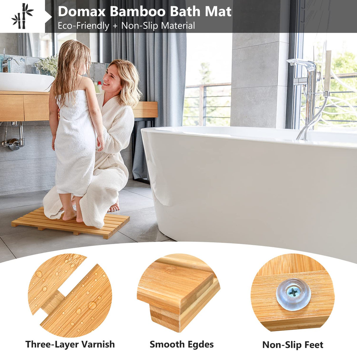 Domax Bamboo Bath Mat for Bathroom - Shower Mat Non Slip Waterproof Wooden Shower Floor Mat for Doorway Sauna Spa Yard Patio Pool Outdoor Use (Natural, 21.26 x 14.17 x 1.3 Inch) Domax