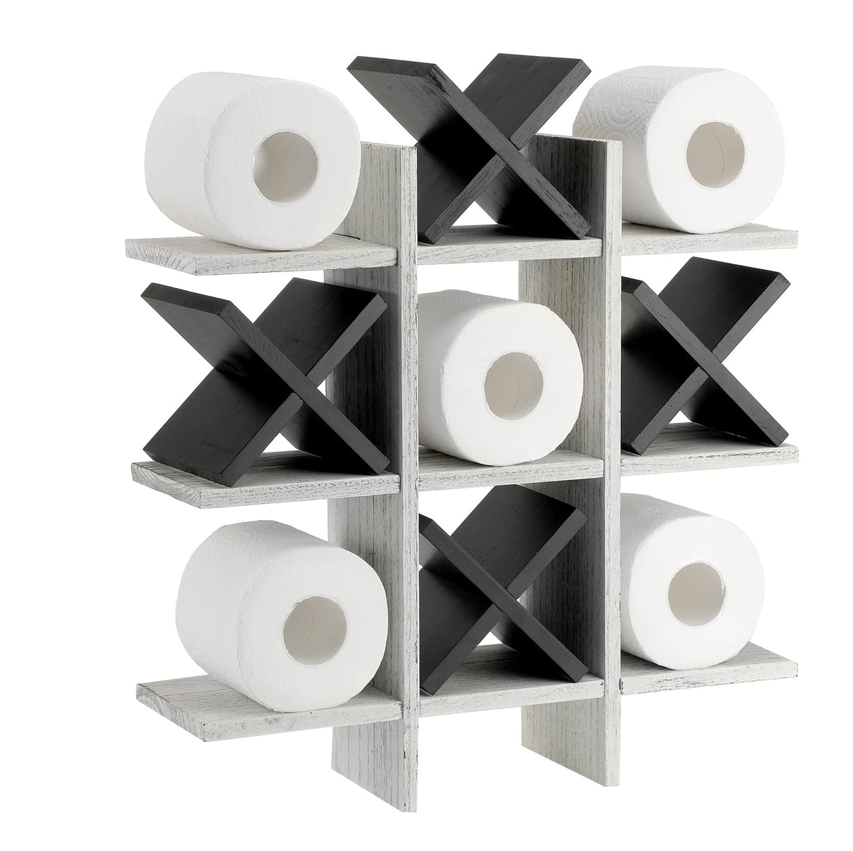 Weysat Tic Tac Toe Toilet Paper Holder Stand Bathroom Wall Decor Rustic Wooden Hanging Storage Freestanding Wall Mounted Shelves Decor for Toilet Tissue Farmhouse Weysat