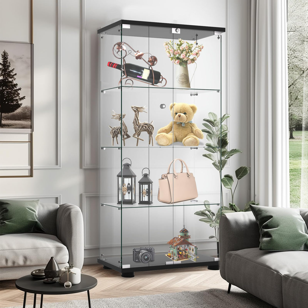 Display Cabinet with Glass Door and Lock, 4-Shelf Fast Installation in 30 Mins Curio Cabinets with 5mm Tempered Glass Floor Standing Bookshelf for Bedroom, Living Room (65'' x32'' x14'', Black) WoodArtSupply