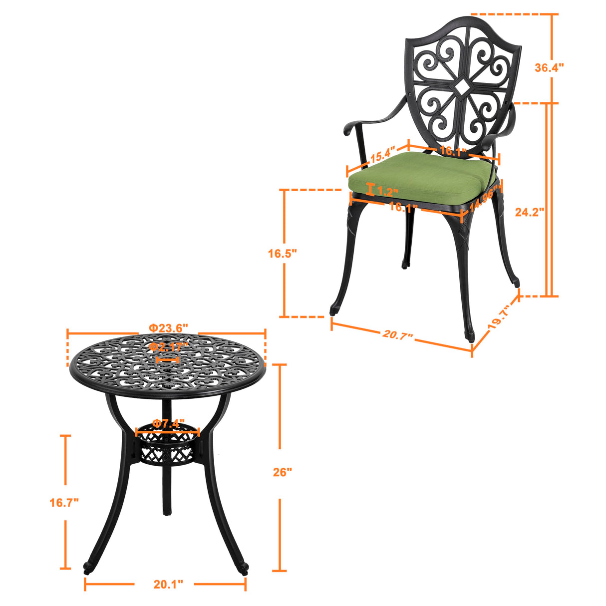 NUU GARDEN Outdoor 3-Piece Bistro Set with Cushions, Round 24 Inch Cast Aluminum Bistro Table with 2.17" Umbrella Hole, 2 Cast Aluminum Bistro Chairs, for Patio, Garden, Backyard and Balcony, Black NUU GARDEN