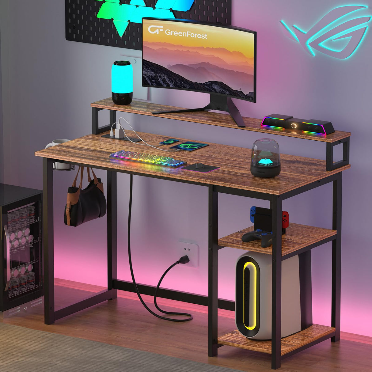 GreenForest 47 inch Computer Desk with Power Outlets, Small Home Office Desk with Ergonomic Monitor Stand, Reversible Gaming Desk, Modern Study Desk, Laptop Desk, Walnut GreenForest