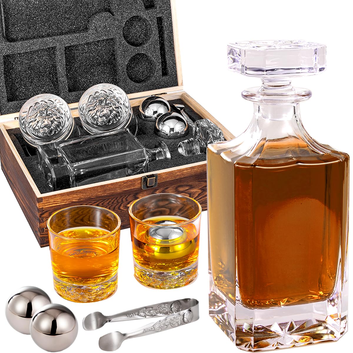 Whiskey Decanter Set with Wooden Box, Lion Whiskey Glasses 10 oz and 25 oz Bourbon Decanter Set with 18/10 Stainless Steel Whiskey Stones, Tongs, Whiskey Gifts for Men Husband Dad Wedding XmanKing